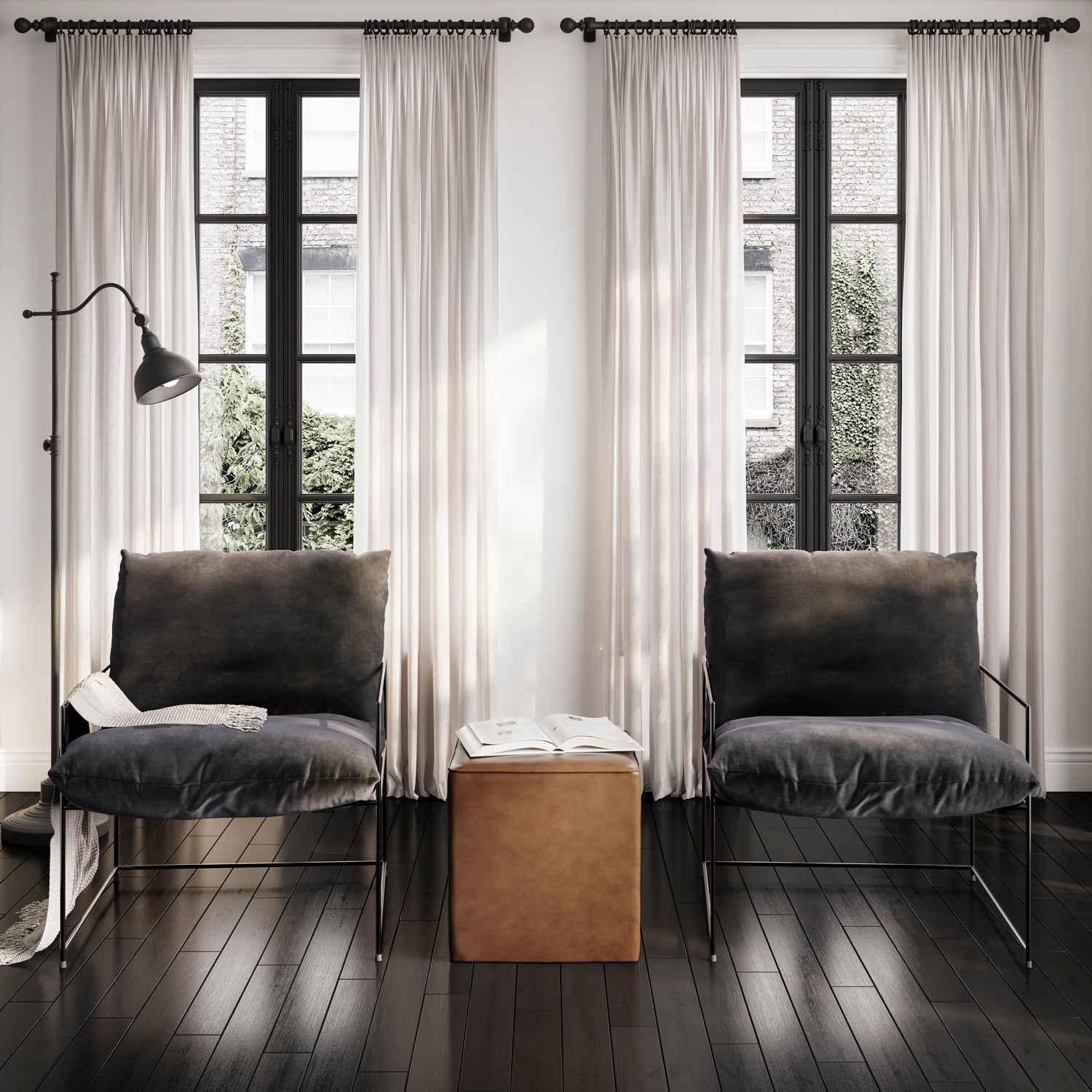 modern interior with 2 Black velvet accent chairs