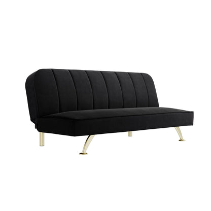 Black sofa with gold legs on a white background