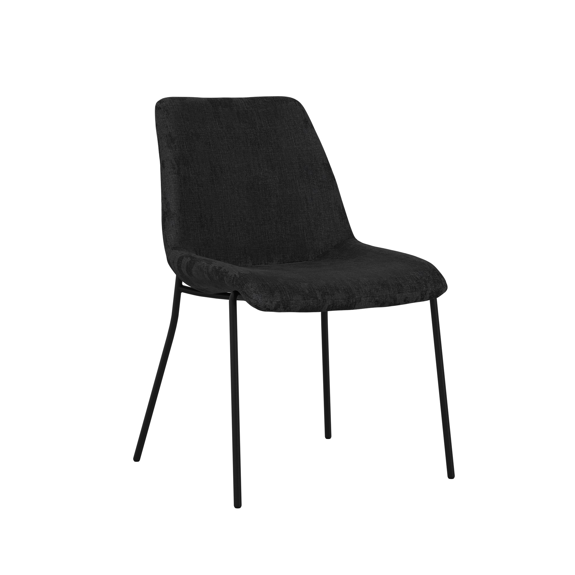 Black upholstered chair with metal legs on a white background
