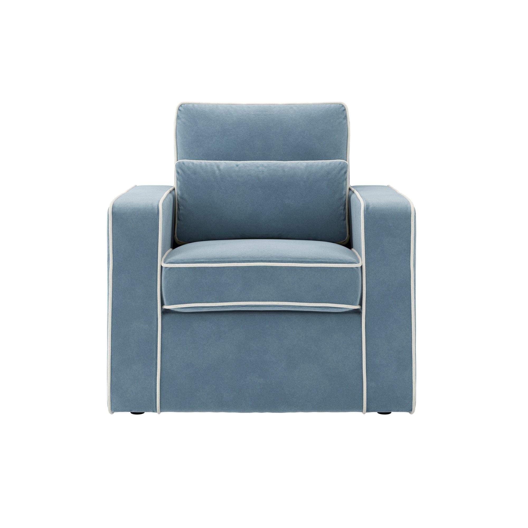 Blue Velvet armchair with white piping 