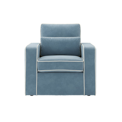 Blue Velvet armchair with white piping 