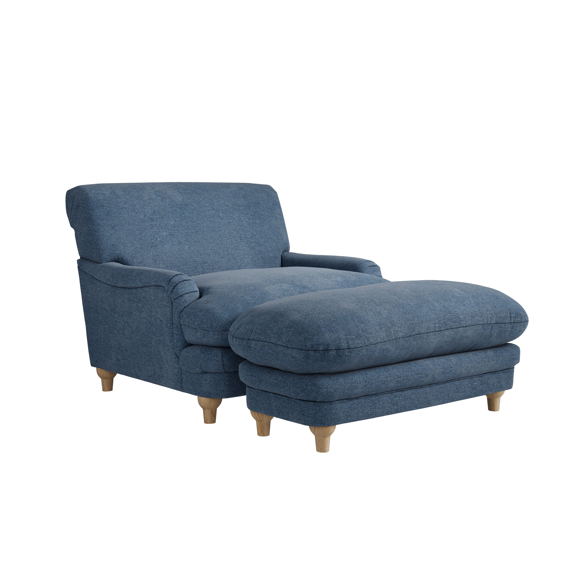 Blue chenille footstall with wooden legs with matching large armchair