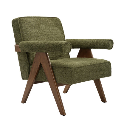 Green Herringbone and wooden armchair