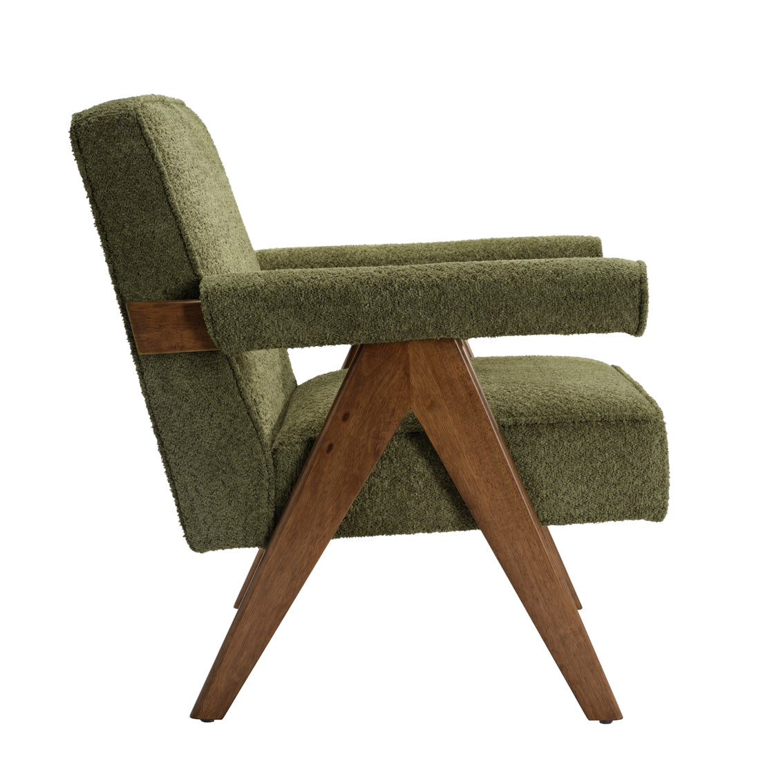 Green Herringbone and wooden armchair