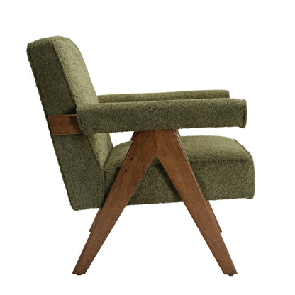 Green Herringbone and wooden armchair