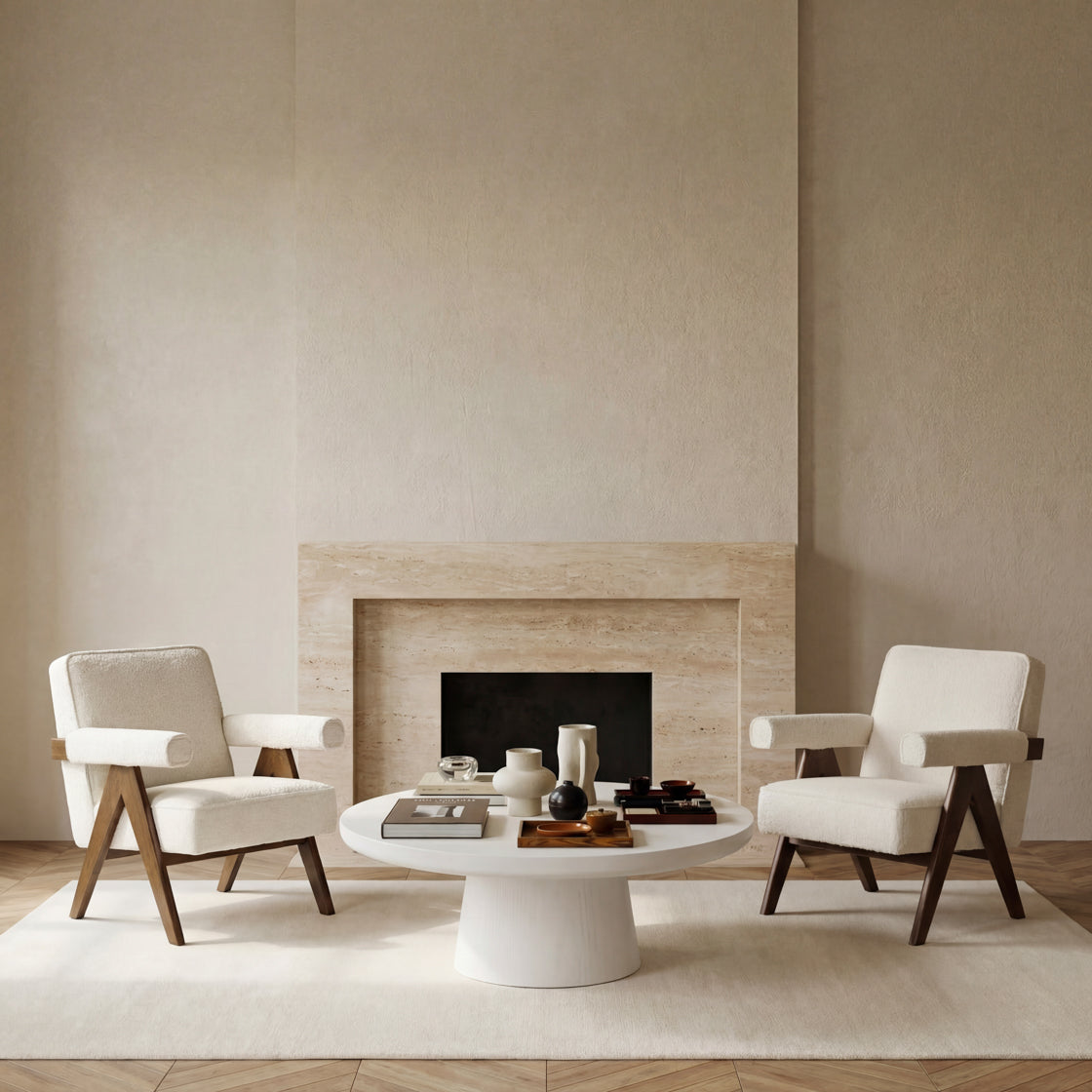 White Boucle and wooden armchair in a neutral living space 
