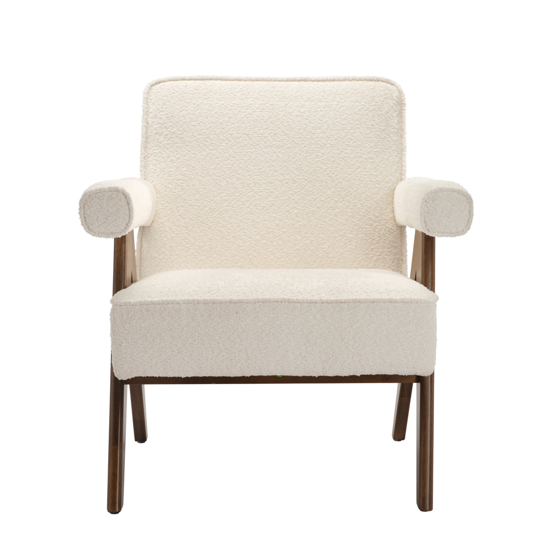 White Boucle and wooden armchair