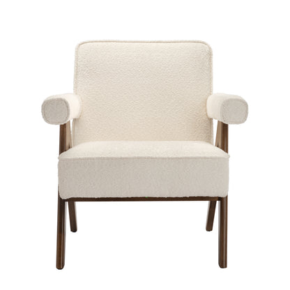 White Boucle and wooden armchair