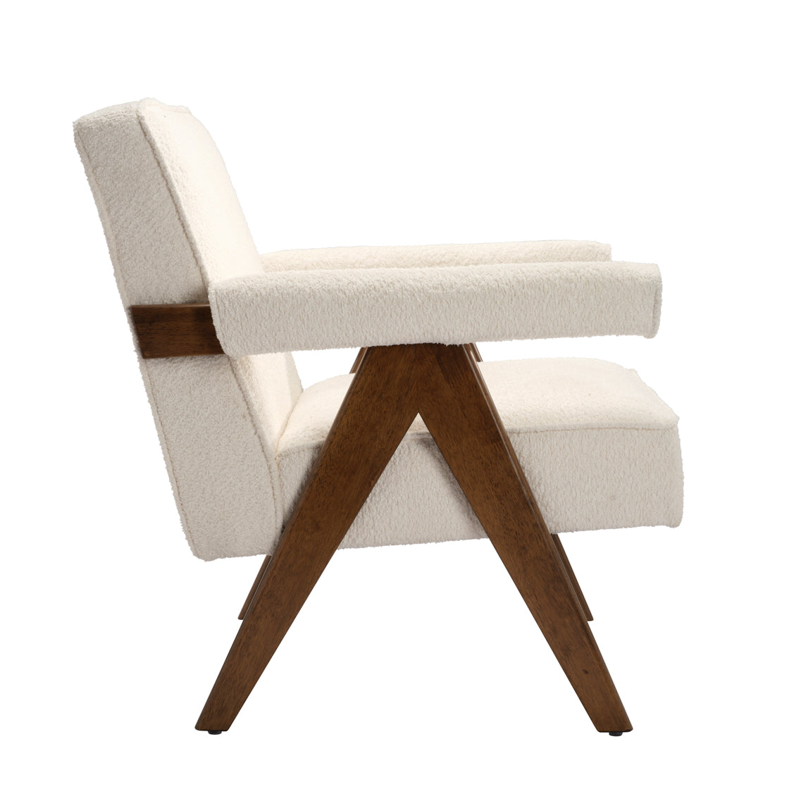 White Boucle and wooden armchair