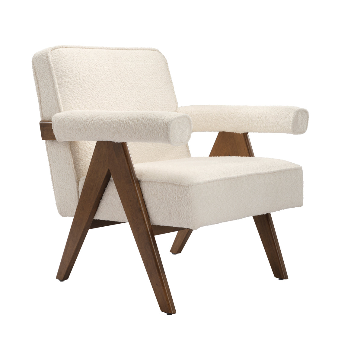 White Boucle and wooden armchair