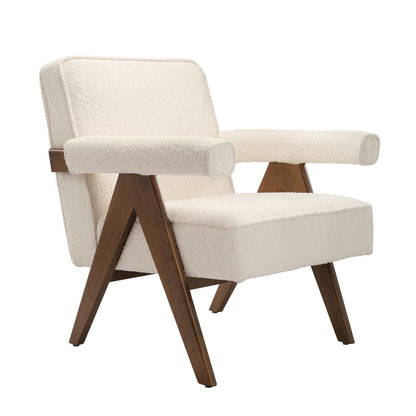 White Boucle and wooden armchair