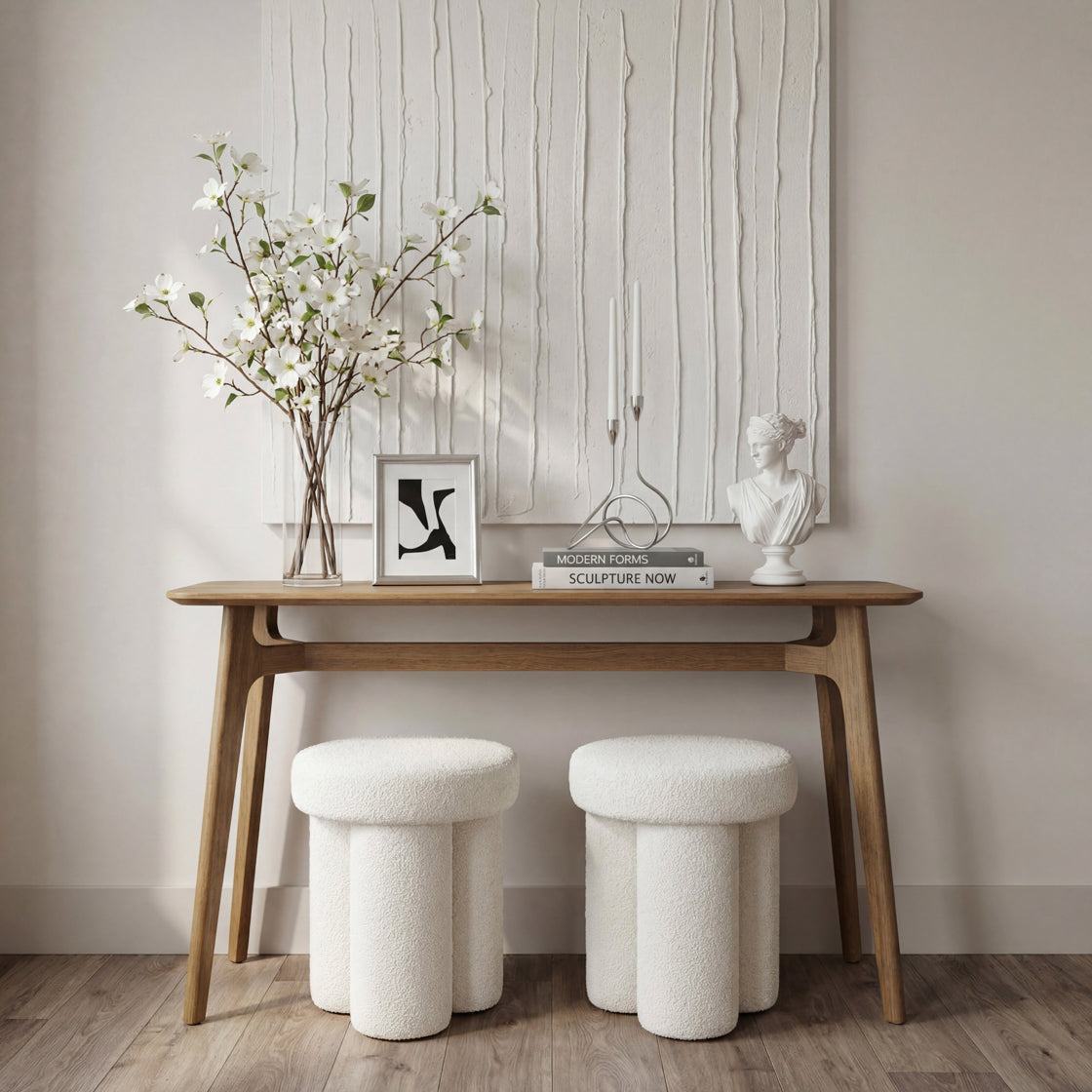 White Boucle Round small stool in a neutral coloured room