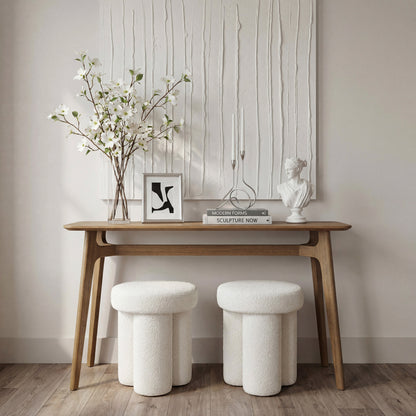 White Boucle Round small stool in a neutral coloured room
