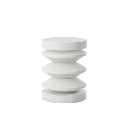 White cylindrical side table with stacked design 