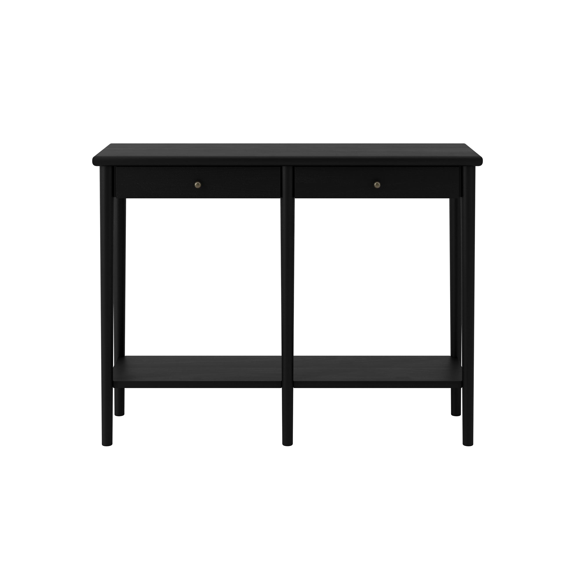 Black console table with two drawers and an open shelf 