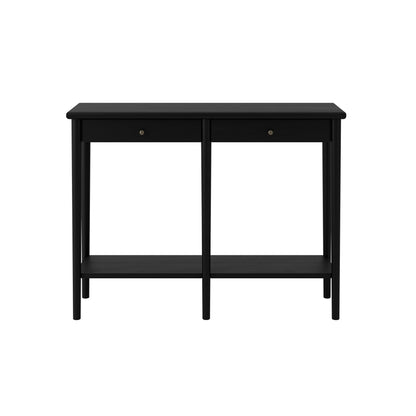 Black console table with two drawers and an open shelf 