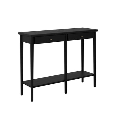 Black console table with two drawers and an open shelf 
