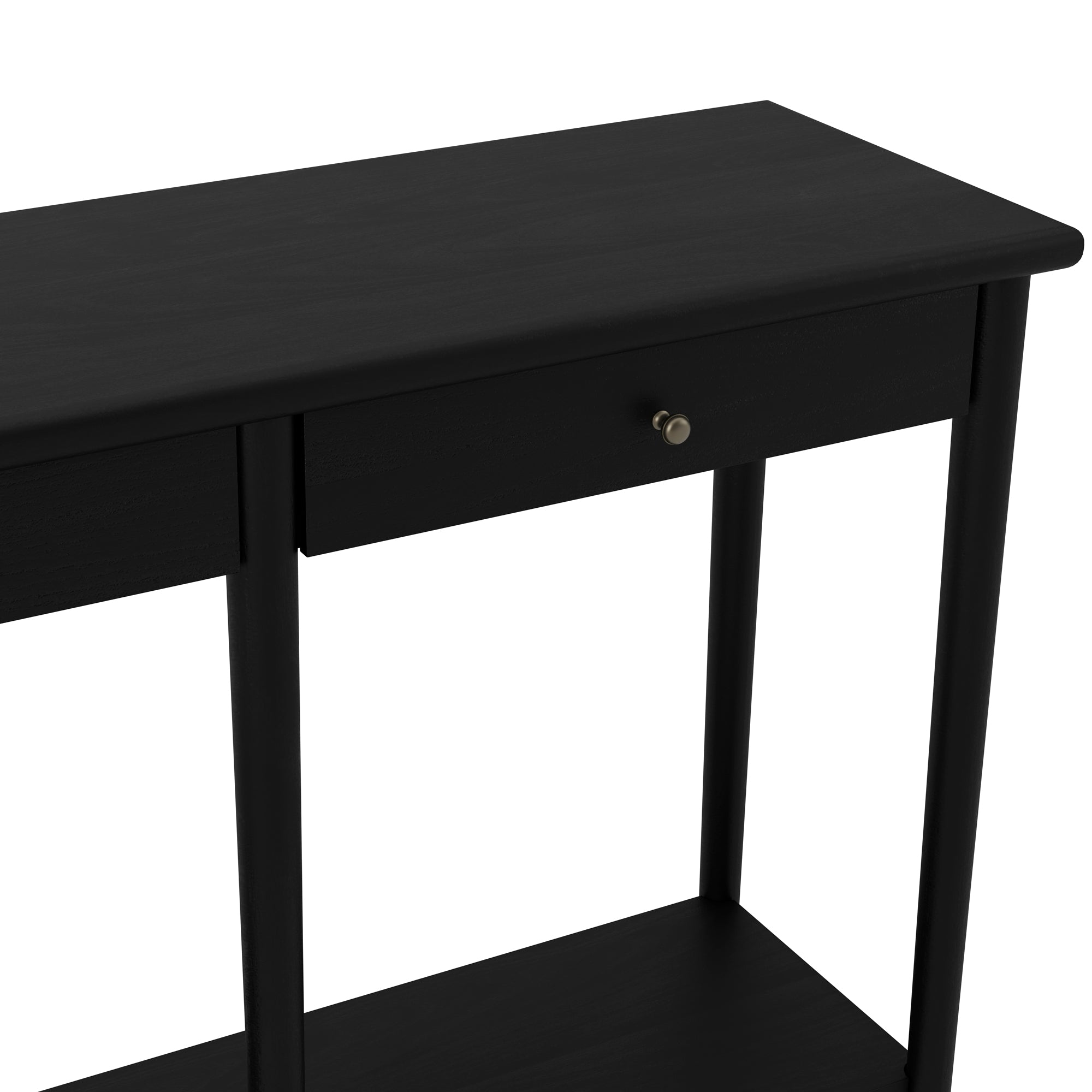 Black console table with two drawers and an open shelf 