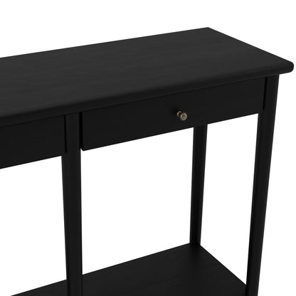 Black console table with two drawers and an open shelf 