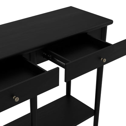 Black console table with two drawers and an open shelf 
