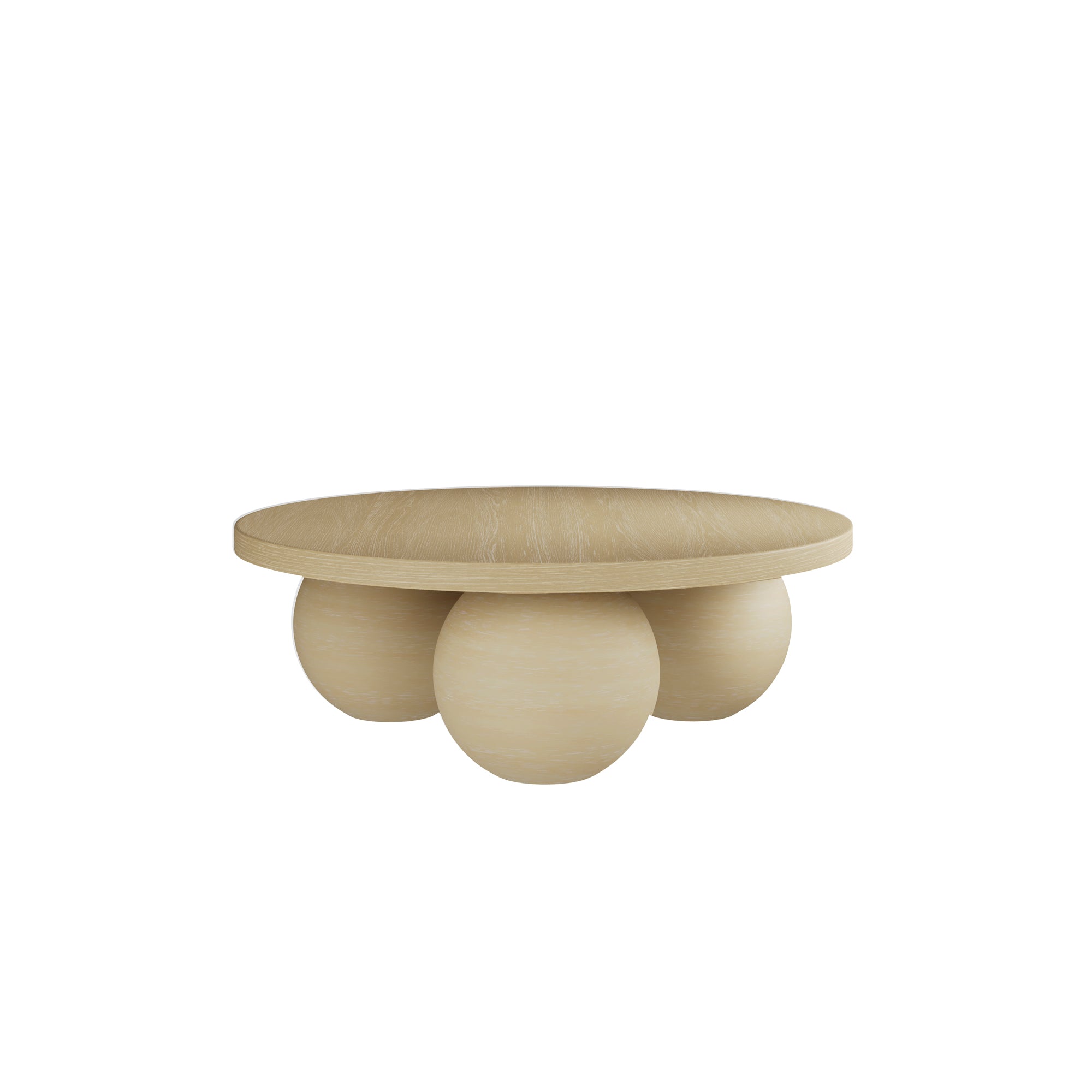 Beige round coffee table with three spherical bases 