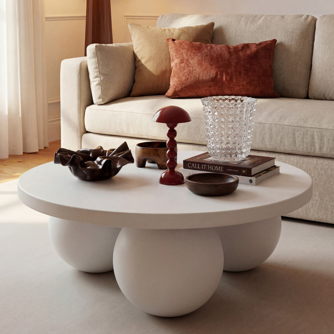 Round White Modern Coffee Table with Ball shaped legs