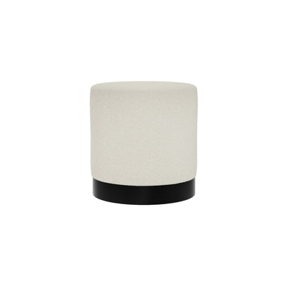 Small round ivory boucle stool with matte black base
