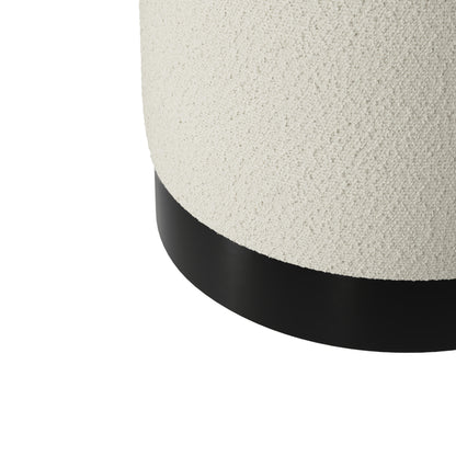 Small round ivory boucle stool with matte black base