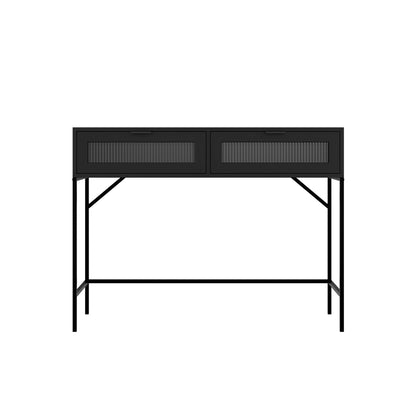 Matte black console table with glass front doors