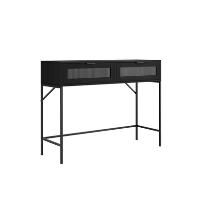Matte black console table with glass front doors