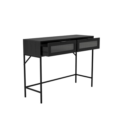 Matte black console table with glass front doors