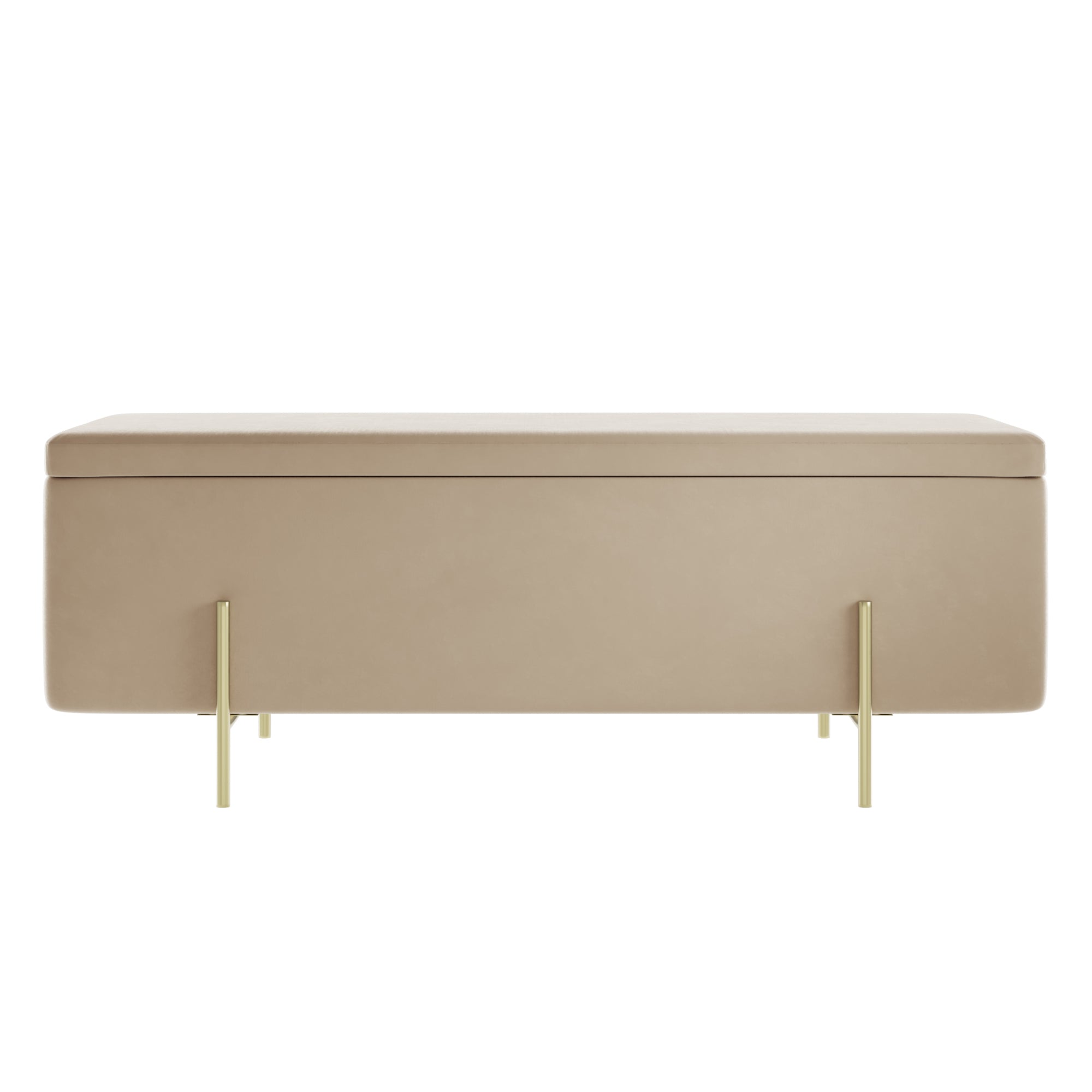Beige velvet storage bench with gold legs