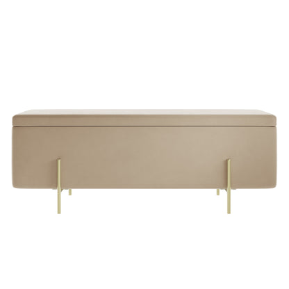 Beige velvet storage bench with gold legs