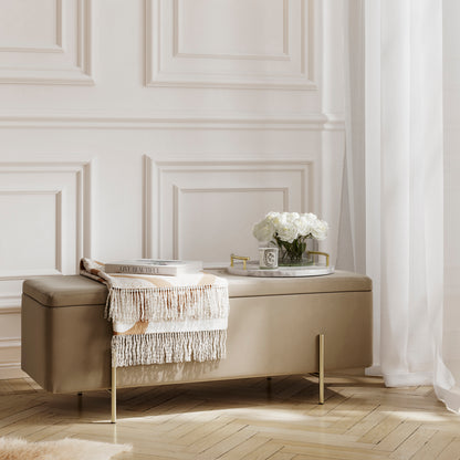Beige velvet storage bench with gold legs