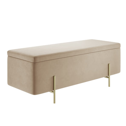 Beige velvet storage bench with gold legs