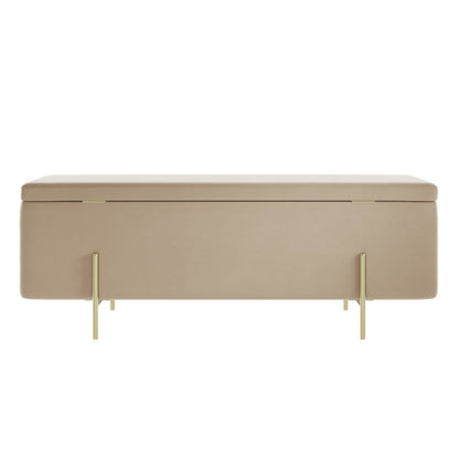 Beige velvet storage bench with gold legs