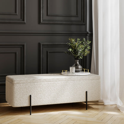 boucle storage bench with black legs 