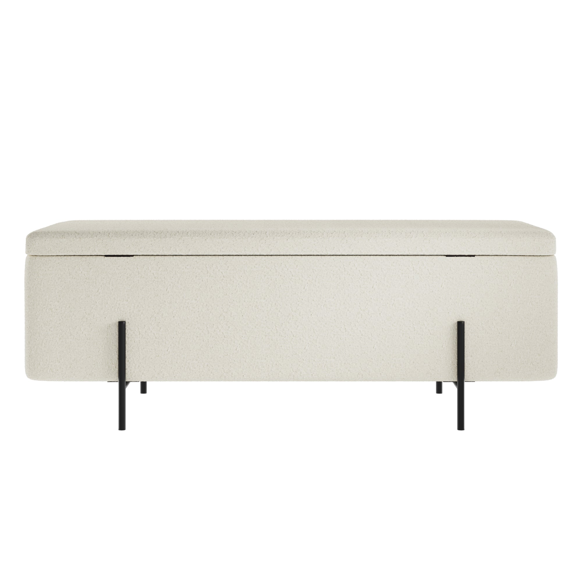 boucle storage bench with black legs 
