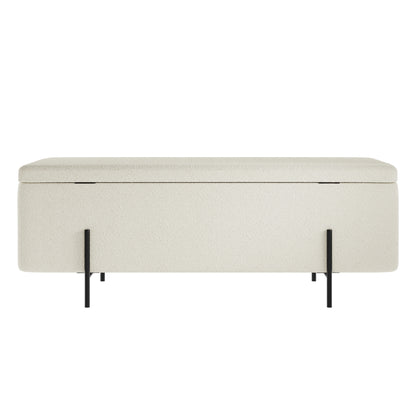boucle storage bench with black legs 