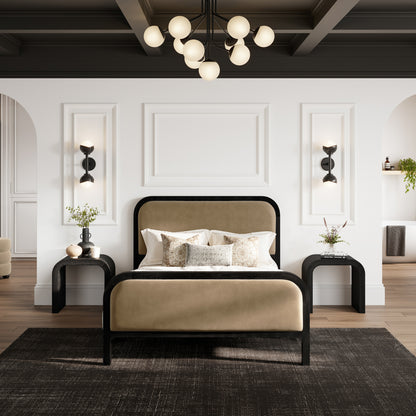 Black Framed Light brown fabric King Bed in a neutral coloured bedroom