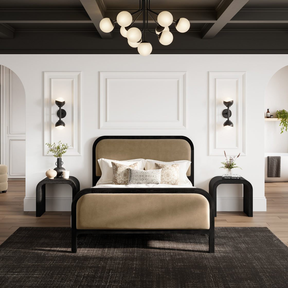 Black Framed Light brown fabric Double Bed