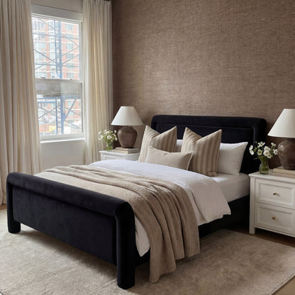 Black Soft Chenille Double Bed in a neutral coloured bedroom