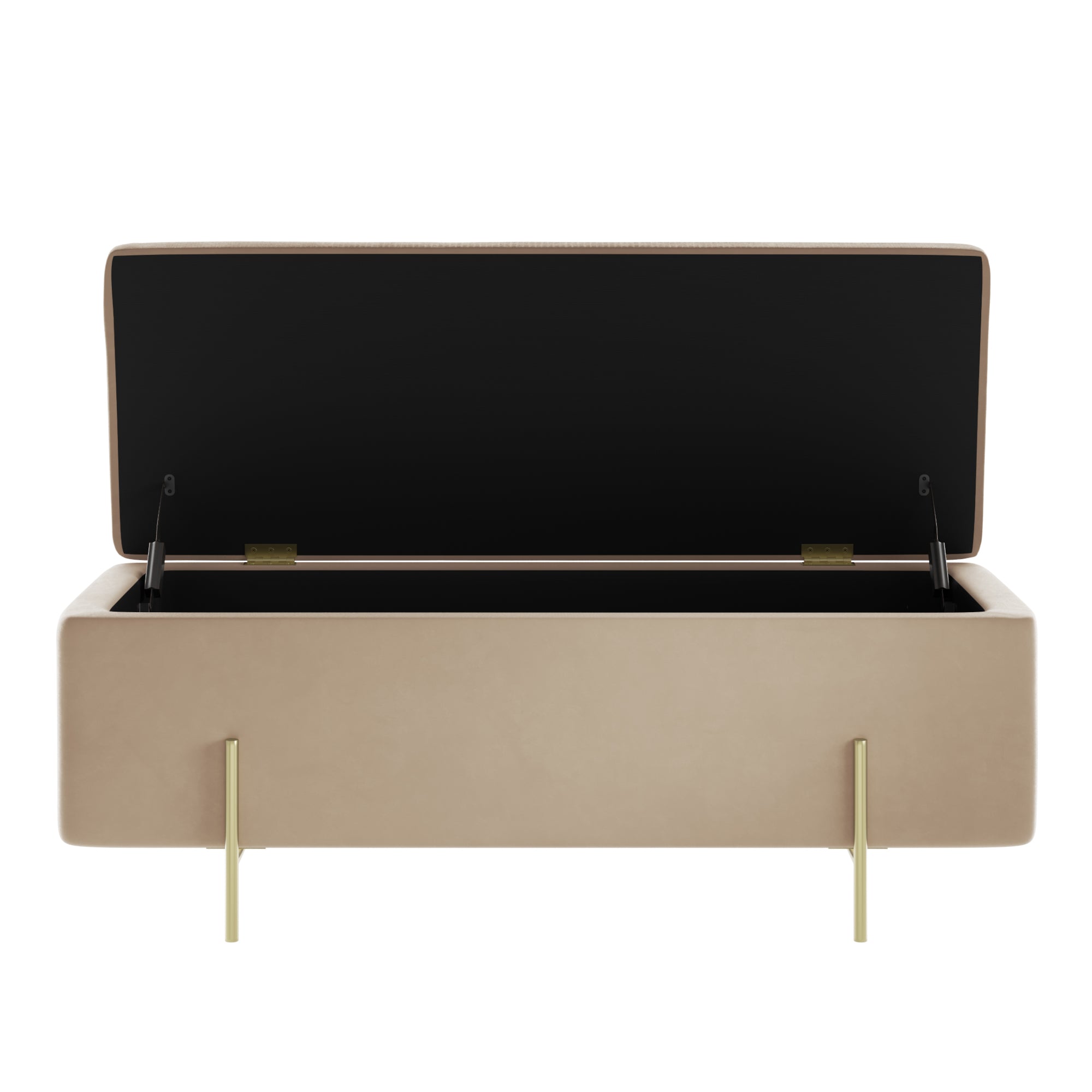 Beige velvet storage bench with gold legs