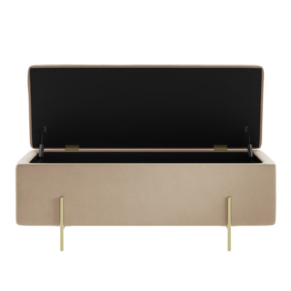Beige velvet storage bench with gold legs