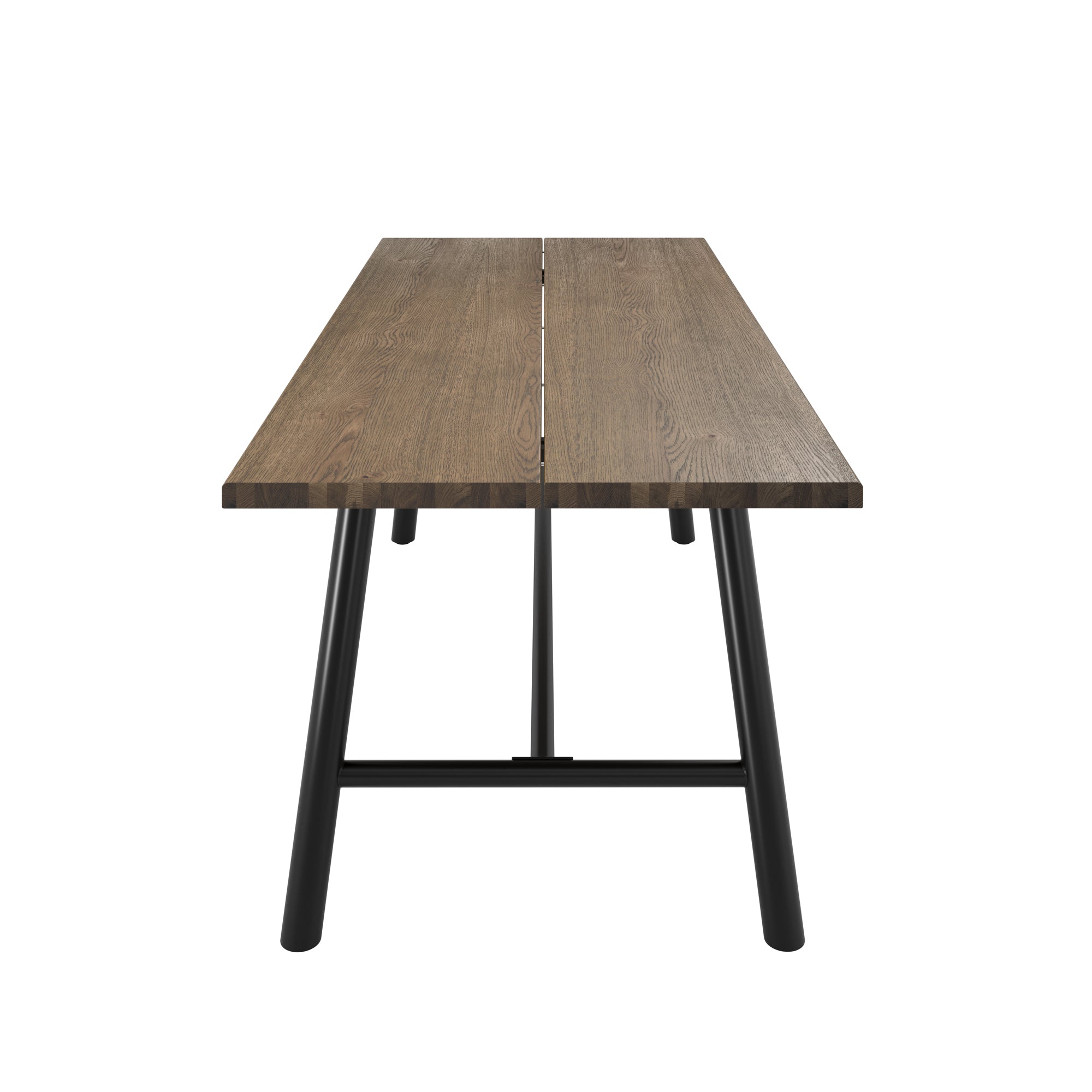 Long wooden dining table with matte black legs