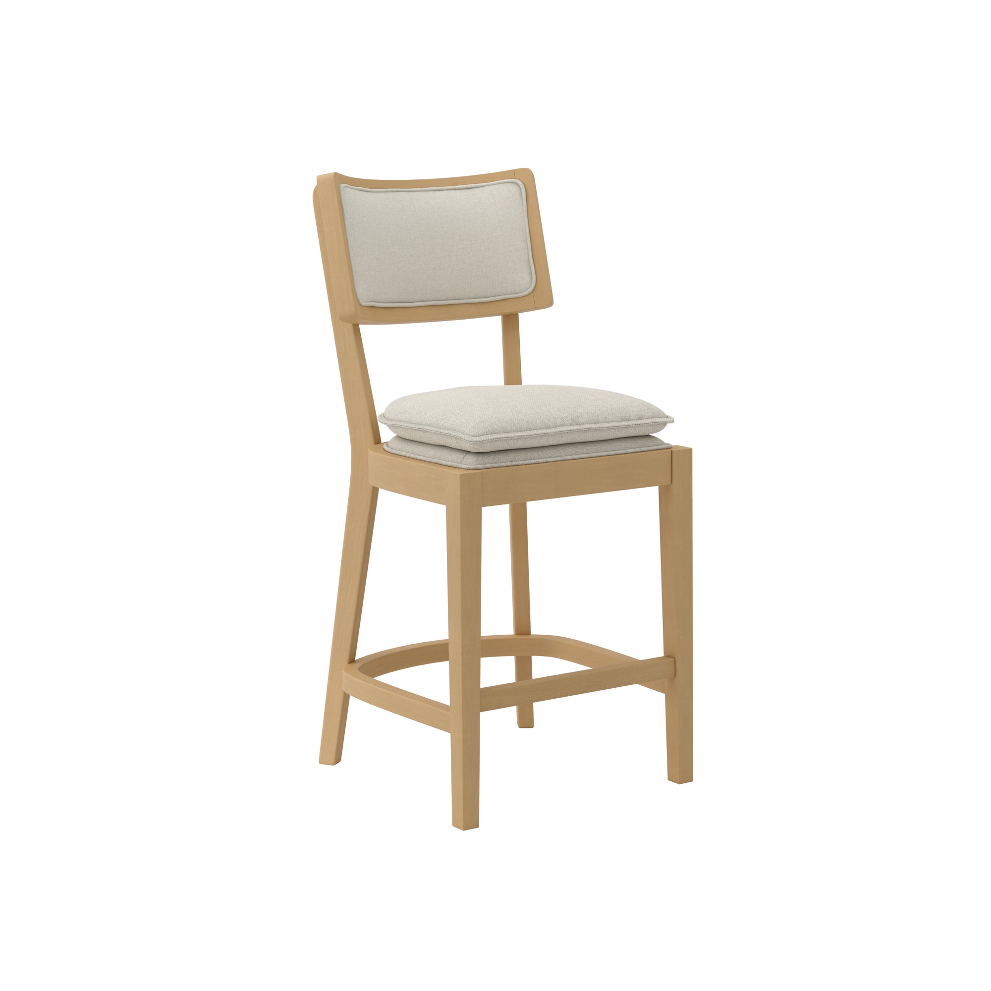 Wooden bar stool with grey cushioned double seat and backrest 