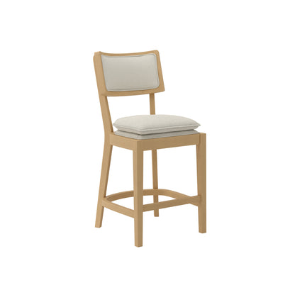 Wooden bar stool with grey cushioned double seat and backrest 