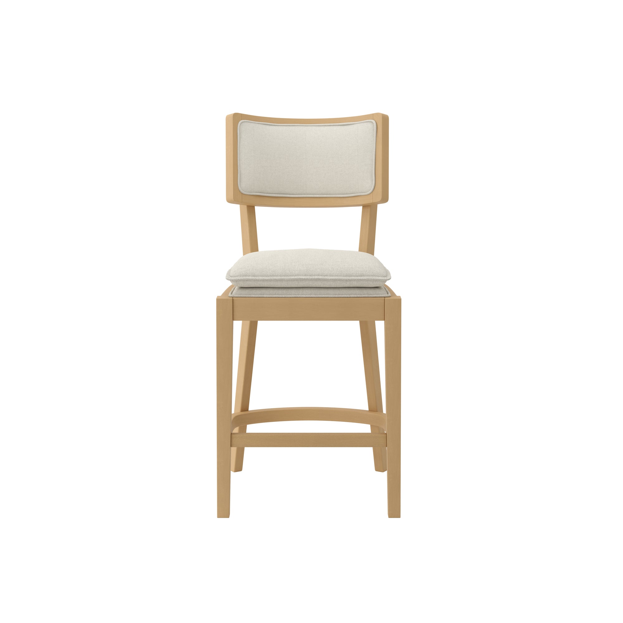 Wooden bar stool with grey cushioned double seat and backrest 