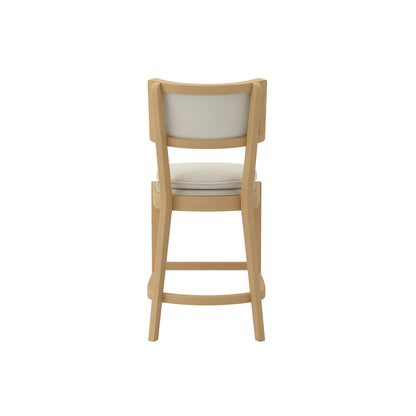 Wooden bar stool with grey cushioned double seat and backrest 