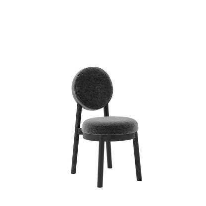 Modern black dining chair with wooden accents and grey cushion
